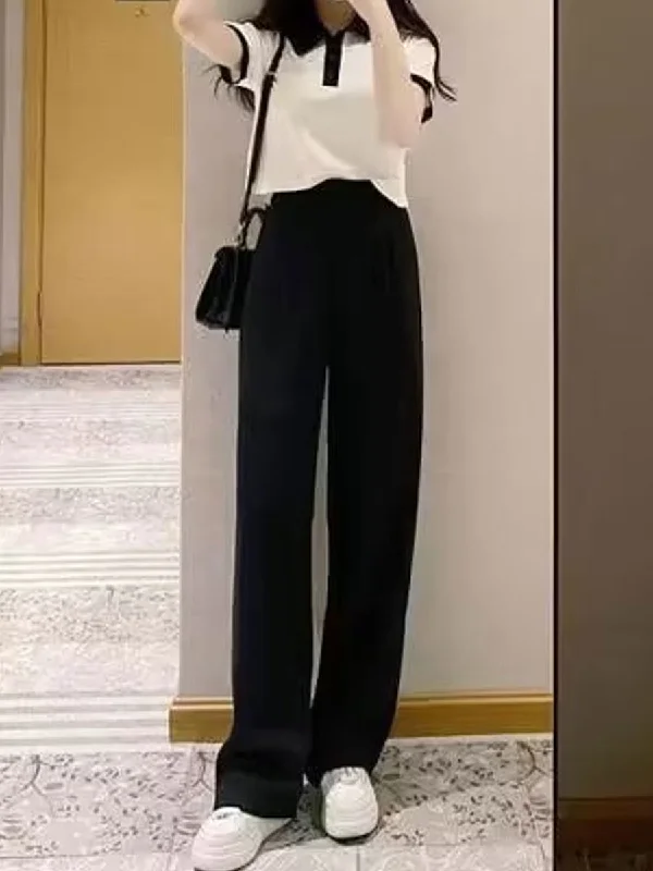 2 Pcs Women's Short Sleeve Solid Color Pants Set - Size S - 439398 Trendy Wide-Leg Pants