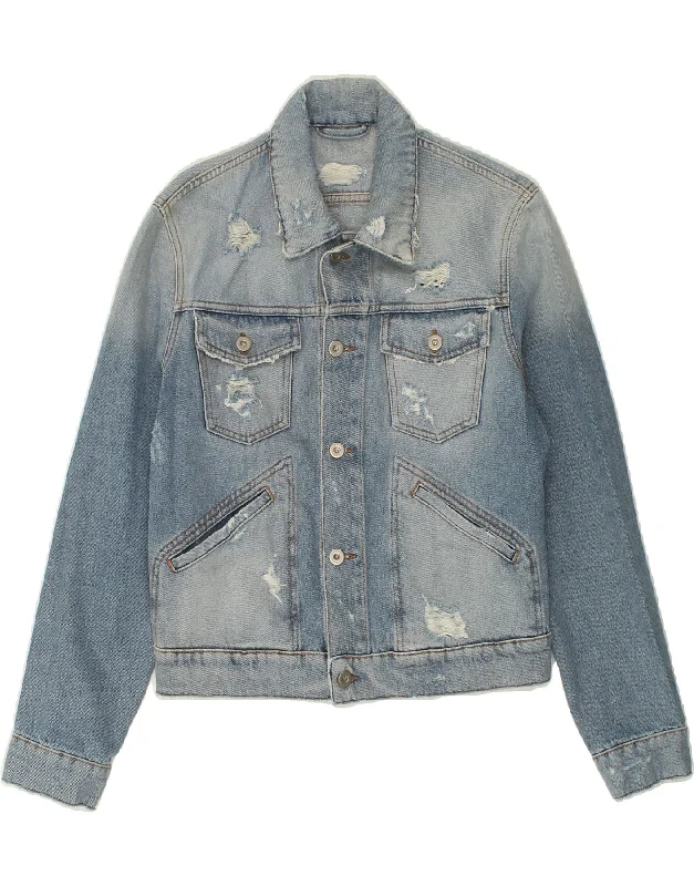 VINTAGE Womens Distressed Denim Jacket UK 14 Medium Blue A-Line Jacket Boat Neck Shawl Collar