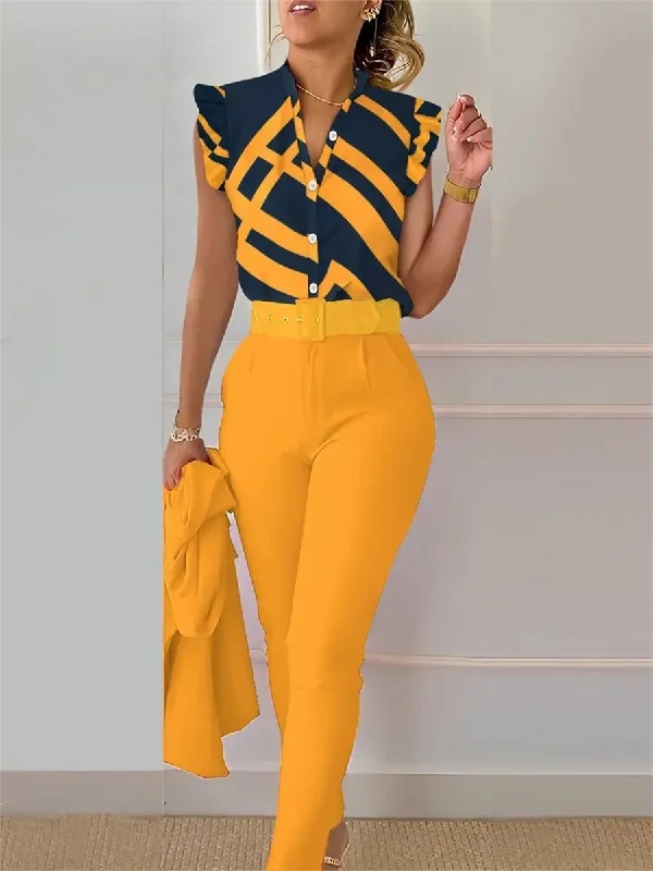 2 Pcs Women's Sleeveless Geometry Pants Set L 451361 Slim-Fit Khaki Pants