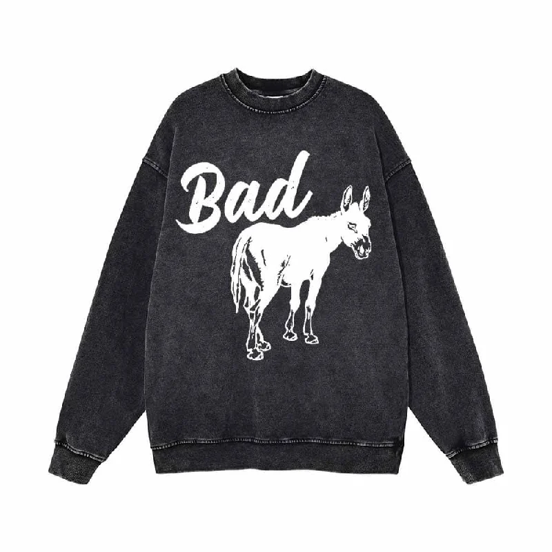 Funny Bad Ass Donkey Pattern Vintage Washed Sweatshirt Hoodie with Hem Fringe Bohemian Relaxed