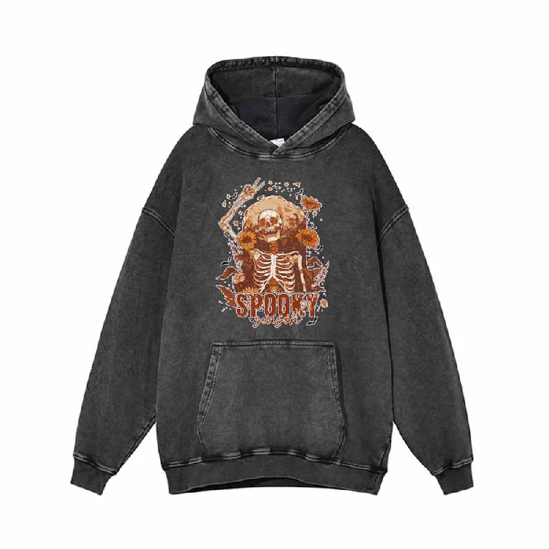 Happy Skeleton Spooky Season Vintage Washed Hoodie Sweatshirt Hoodie with Raw Hem Edgy Unfinished