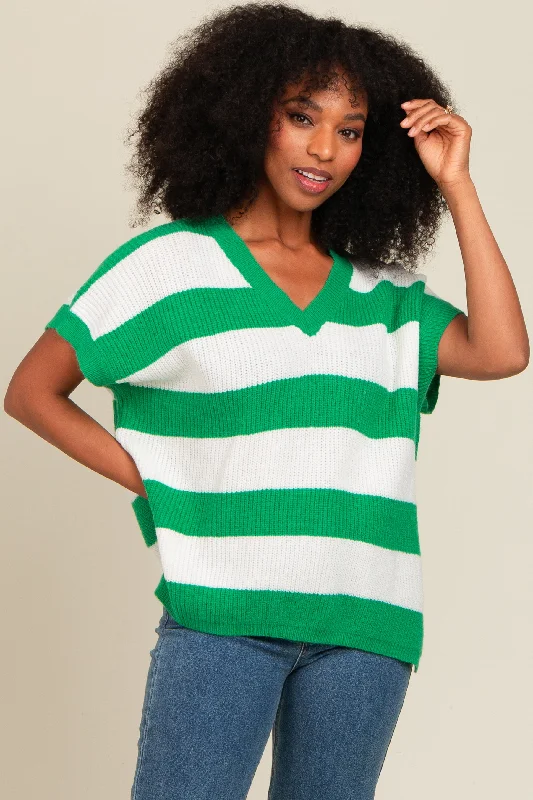 Jade Striped V-Neck Sweater Top Cotton Fabric Linen Fabric Terry Fabric