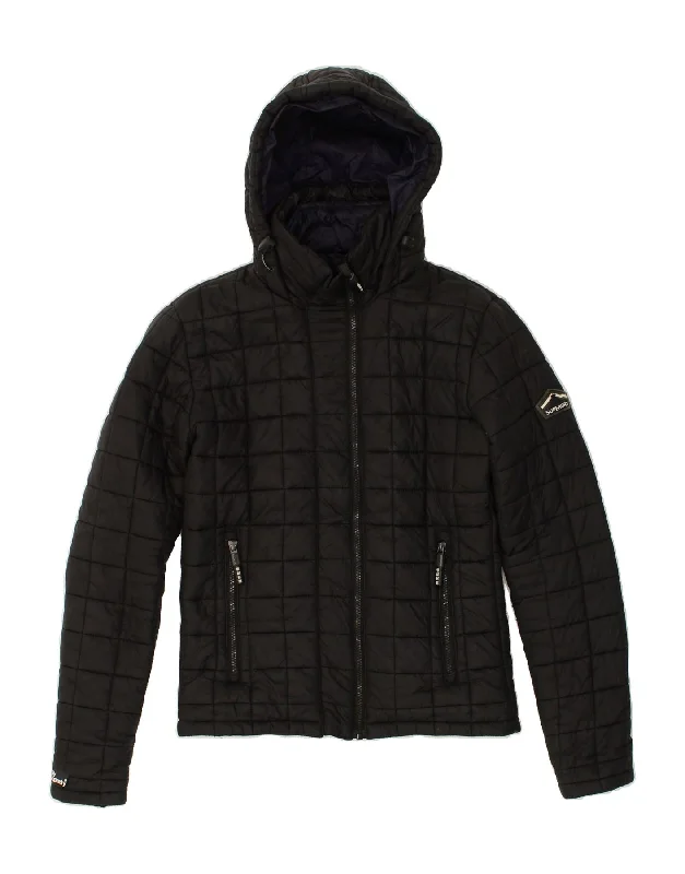 SUPERDRY Womens Hooded Padded Jacket UK 6 XS Black Nylon Insulated Jacket Fitted Jacket Loose Jacket