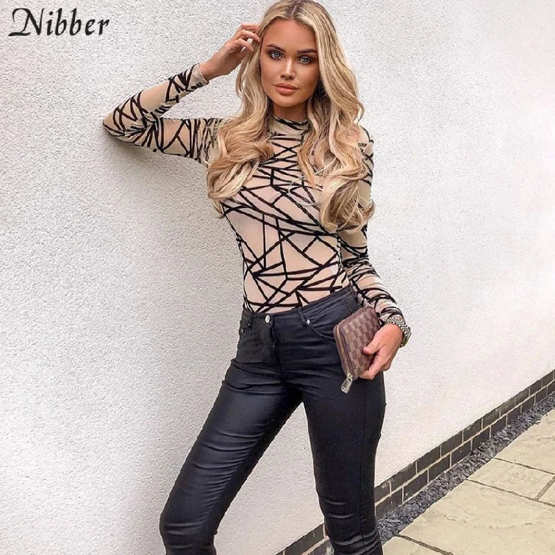 Nibber autumn printing Basic stretch Slim bodysuits women 2019 fall winter street leisure Thin long sleeve short jumpsuits mujer Stylish Plunging Neck Bodysuit