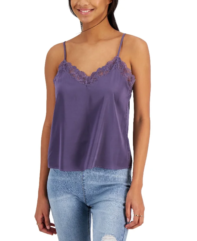 Juniors' Lace-Trim Satin Tank Top metallic tank top