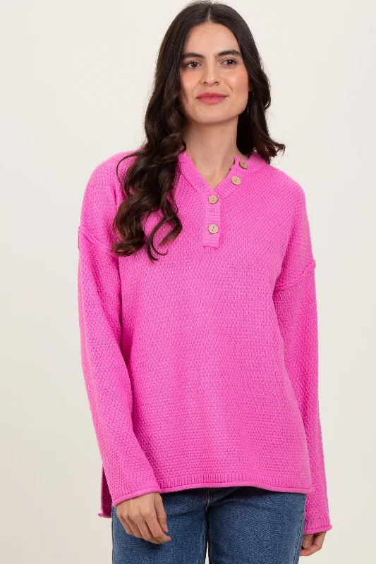 Pink Diamond Knit Button Detail Sweater Print Jacquard Patchwork