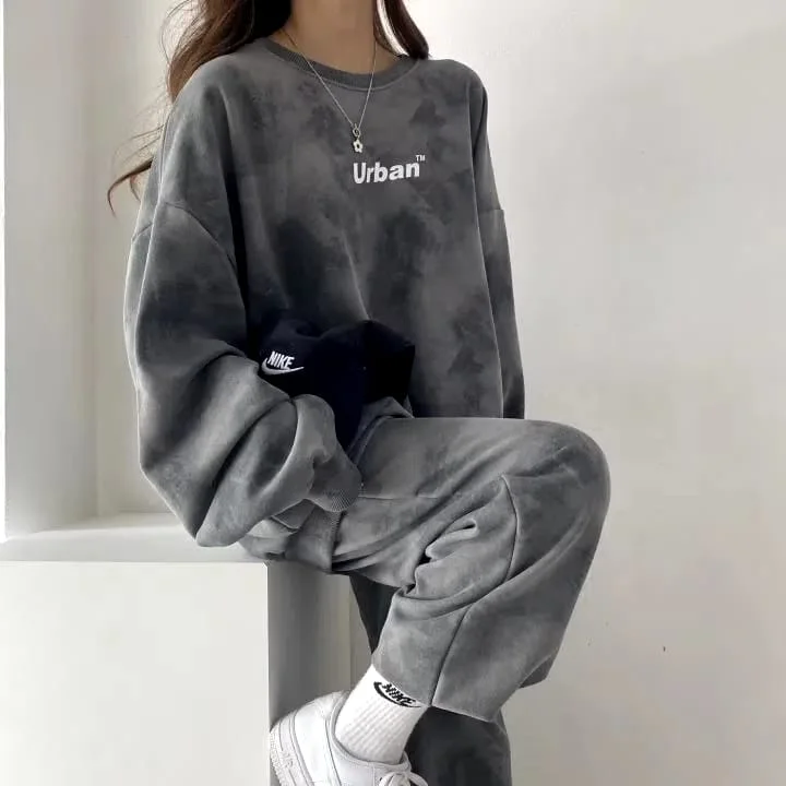 2 Pcs Women's Long Sleeve Tie Dye/Splash-ink Pants Set - XL Comfortable Fleece Pants