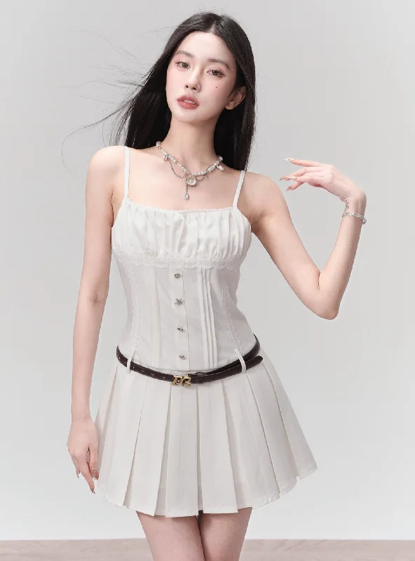 White Pleated Mini Tennis Dress with Button-Front Bodice Tunics Denim casual