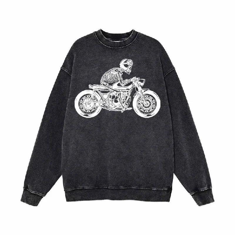 Skeleton Riding Motorcycle Print Vintage Washed Sweatshirt Hoodie with Pocket Utility Practical