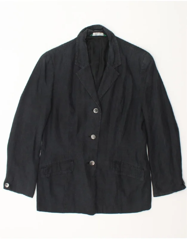 LAURA ASHLEY Womens 3 Button Blazer Jacket UK 14 Large Black Linen Collared Jacket Crew Neck Jacket Turtle Neck Jacket