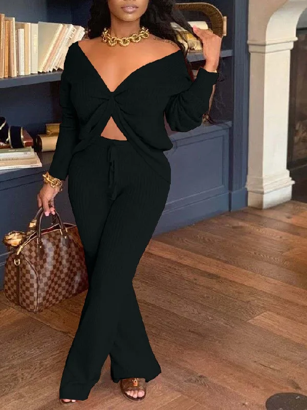 2 Pcs Women's Long Sleeve Solid Color Pants Set M 458530 Stylish Paperbag Waist Pants