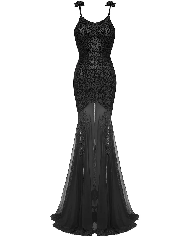 Eva Lady Long Gothic Flocked Velvet Mesh Mermaid Evening Dress Crew Neckline Casual