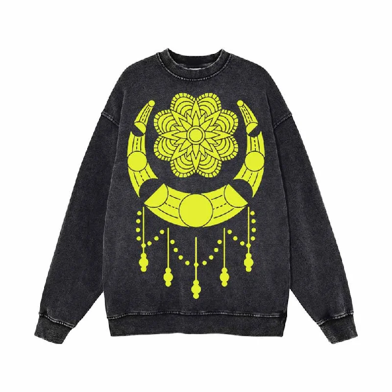Sunflower And Moon Pattern Vintage Washed Sweatshirt Hoodie with Print Artistic Unique