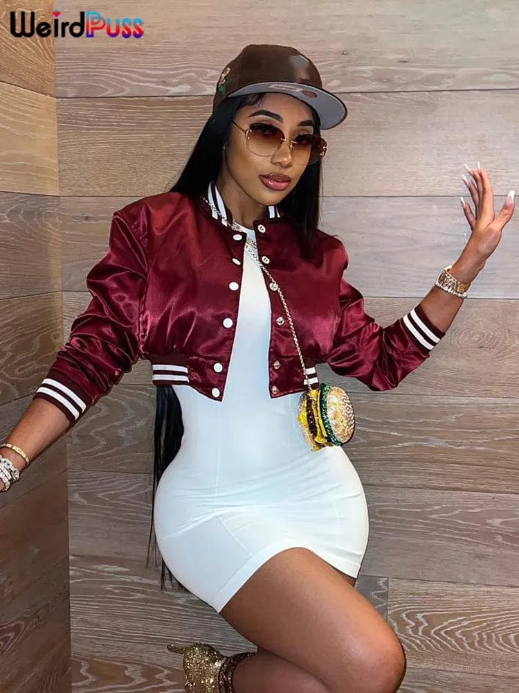 Weird Puss Sporty Autumn Jacket Varsity Women Long Sleeve Herringbone Jacket Checkered Jacket Solid Jacket