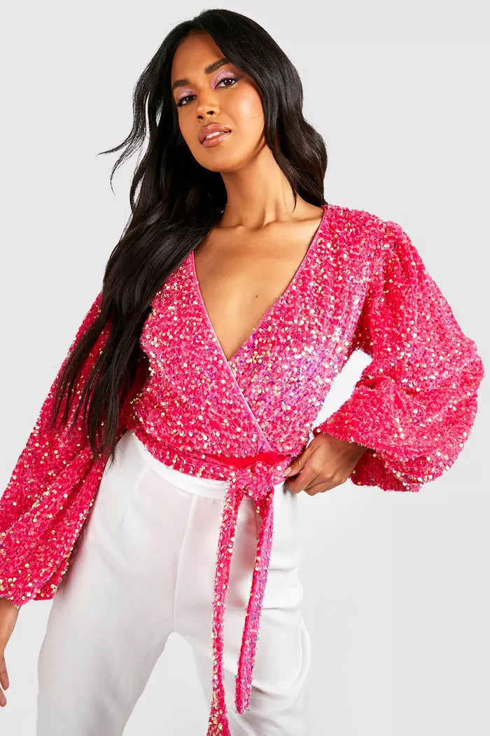 Volume Sleeve Sequin Bodysuit Pink Comfortable Bodysuit with Deep V