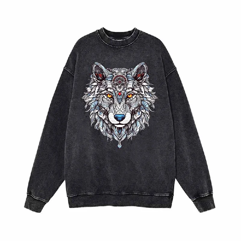 Wolf Head Print Vintage Washed Sweatshirt Hoodie with Gradient Ombre Colorful