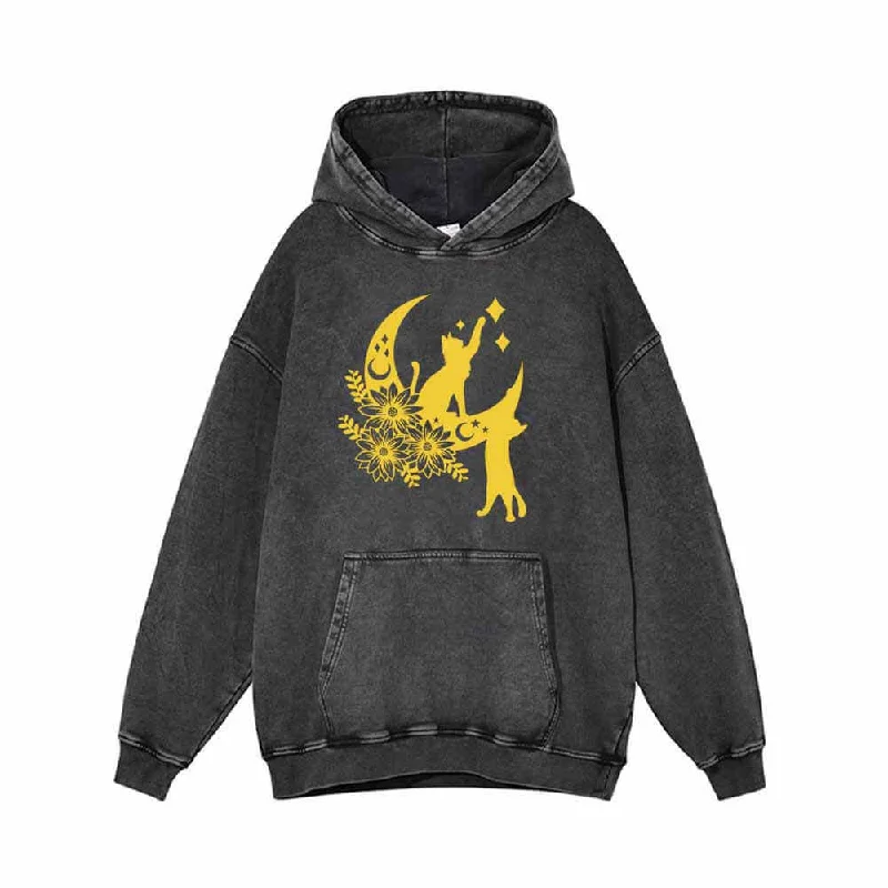 Floral Cats with Moon Star Vintage Washed Hoodie Hoodie with Hood Adjustable Protection