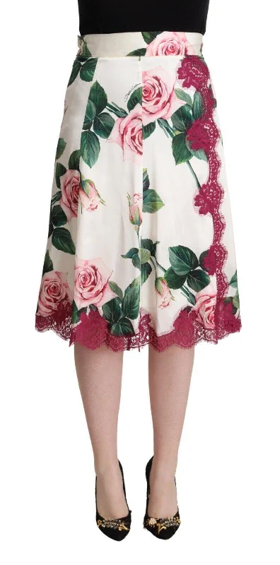 Gorgeous Dolce  Gabbana Rose Printed A-Line Midi Skirt satin skirt smooth