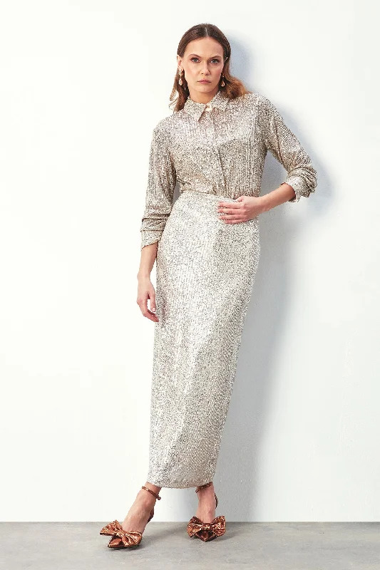 Sequin Ankle Length Skirt - Gold wool skirt thick