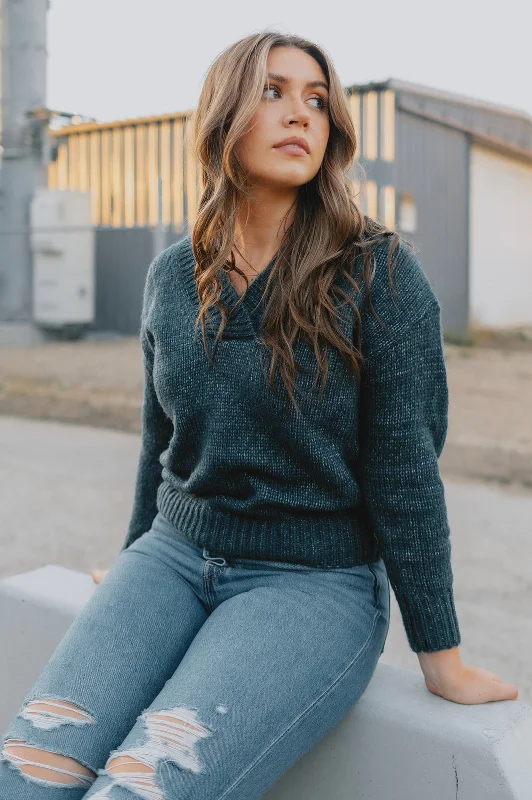 The Gracie Sweater - Navy Melange Cable Knit Ribbed Knit Lace Knit
