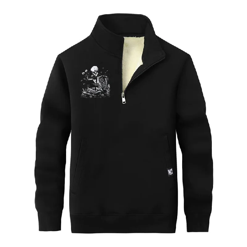 Multicolor Book Reading Skull Collar Zip Fleece Sherpa Sweatshirt Hoodie with Camouflage Military Edgy