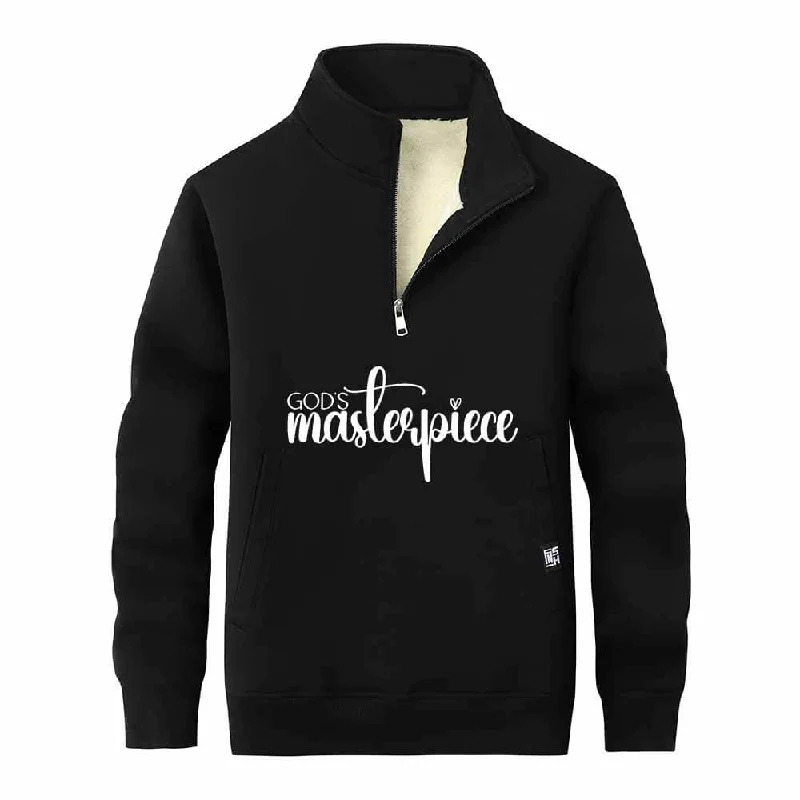 God's Masterpiece Letters Stand Collar Zip Fleece Sherpa Sweatshirt Hoodie with Illustration Artistic Creative
