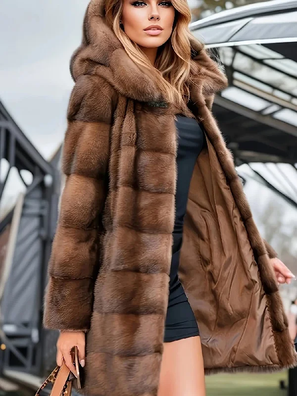 Striped Faux Fur Hooded Coat  Winter Jacket Wool Jacket Cashmere Jacket Tweed Jacket