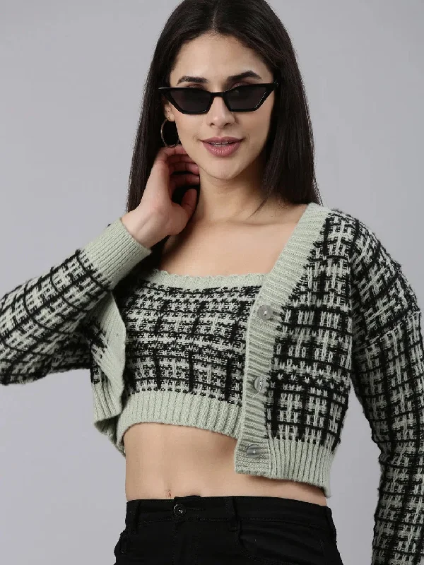 Women Sea Green Checked Front-Open Crop Sweater-CHN-006-Seagreen Hooded Caped Shawl Collar