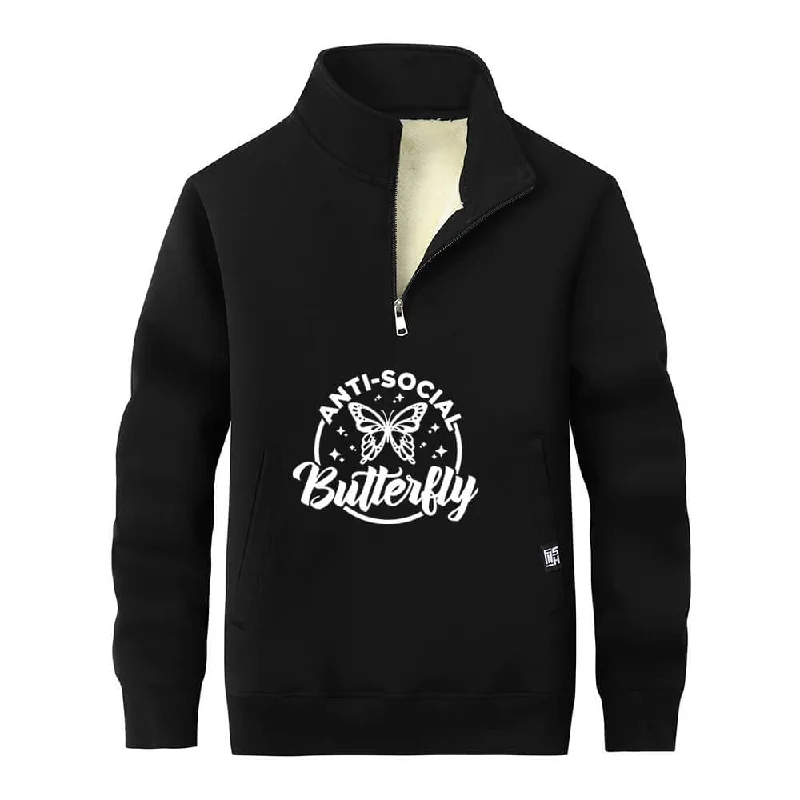 Anti-Social Butterfly Fleece Stand Collar Zip Sweatshirt Hoodie with Patch Decorative Personalized