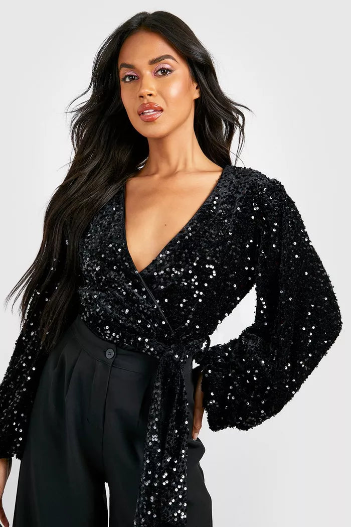 Volume Sleeve Sequin Bodysuit Black Fashionable Sleeveless Bodysuit with Buttons