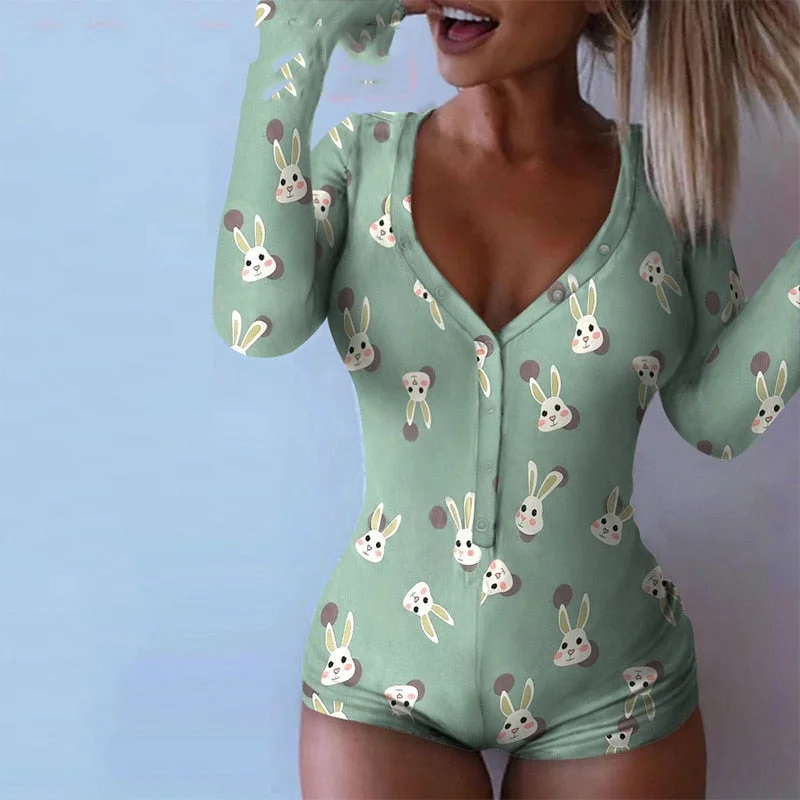 Rabbit V-neck Cute Long Sleeve Bodycon Bodysuit for Women Spandex Jumpsuits Ladies Lovely Romper Clothes Trendy Bodysuit with Back Tie