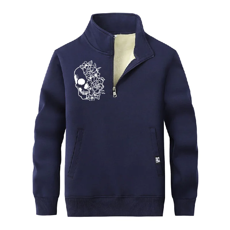 Half Face Skeleton Flower Stand Collar Zip Fleece Sweatshirt Hoodie with Drawstring Waist Adjustable Fitted