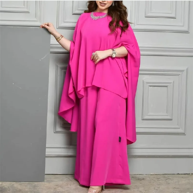 Long O-Neck Rose Red Muslim Pantsuit Evening Dresses Crepe Jumpsuit Floor Length Robes de Soirée for Women M S4896209 Cozy Full-Length Pants