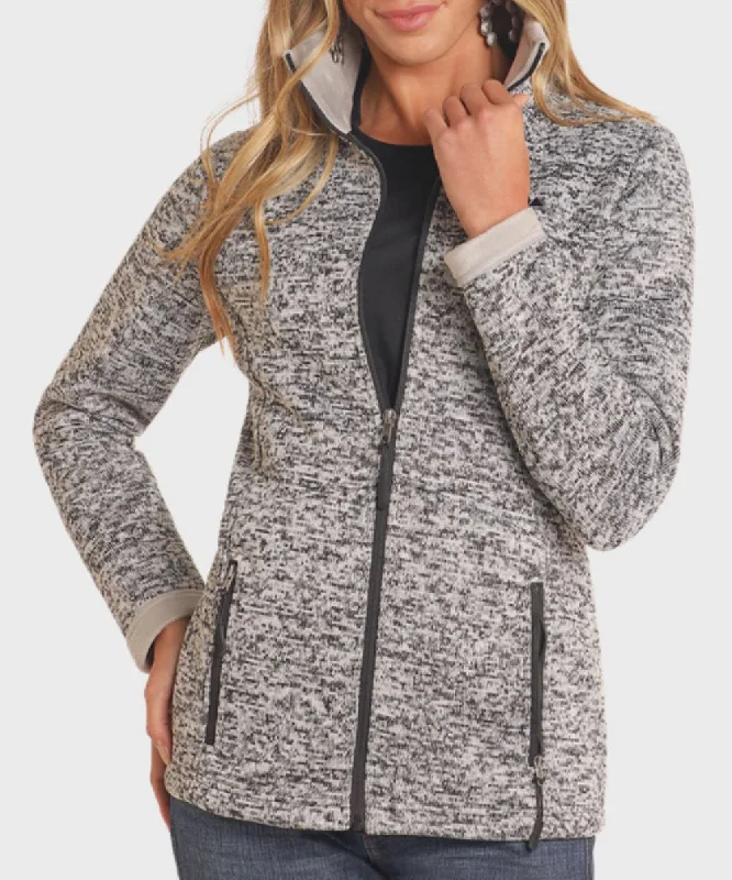 WOMENS KNIT MELANGE JACKET W/MICRO FUR Toggled Jacket Drawstring Jacket Belted Jacket