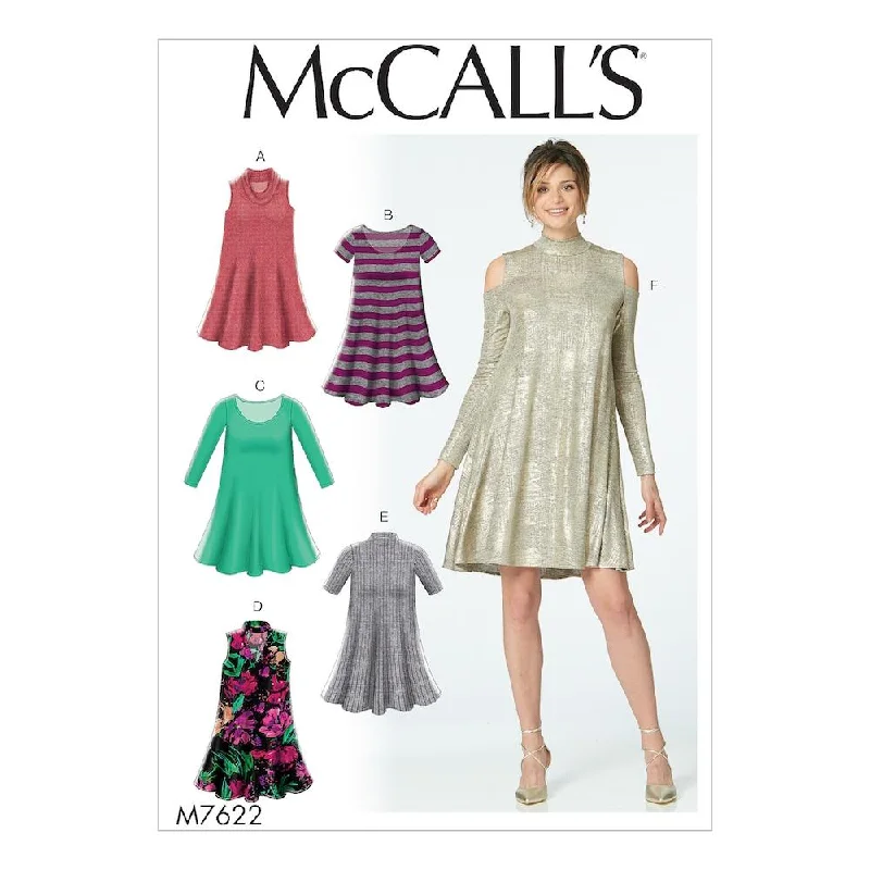 McCall's Pattern M7622 Misses' Knit Swing Dresses with Neckline and Sleeve Variations Tunics Chic fashionable