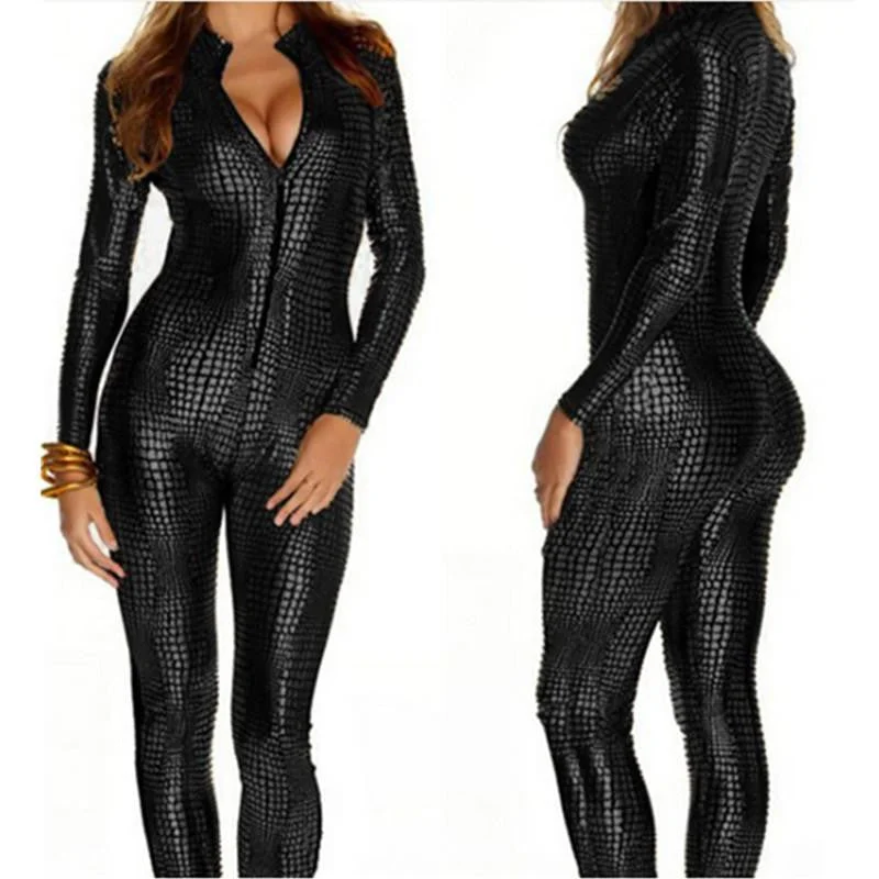 Faux Leather Snake Skin Jumpsuit Front Zip Long Sleeve 3 Color Bodysuit Spandex Catsuit Women M7241 Comfortable Spaghetti Strap Bodysuit