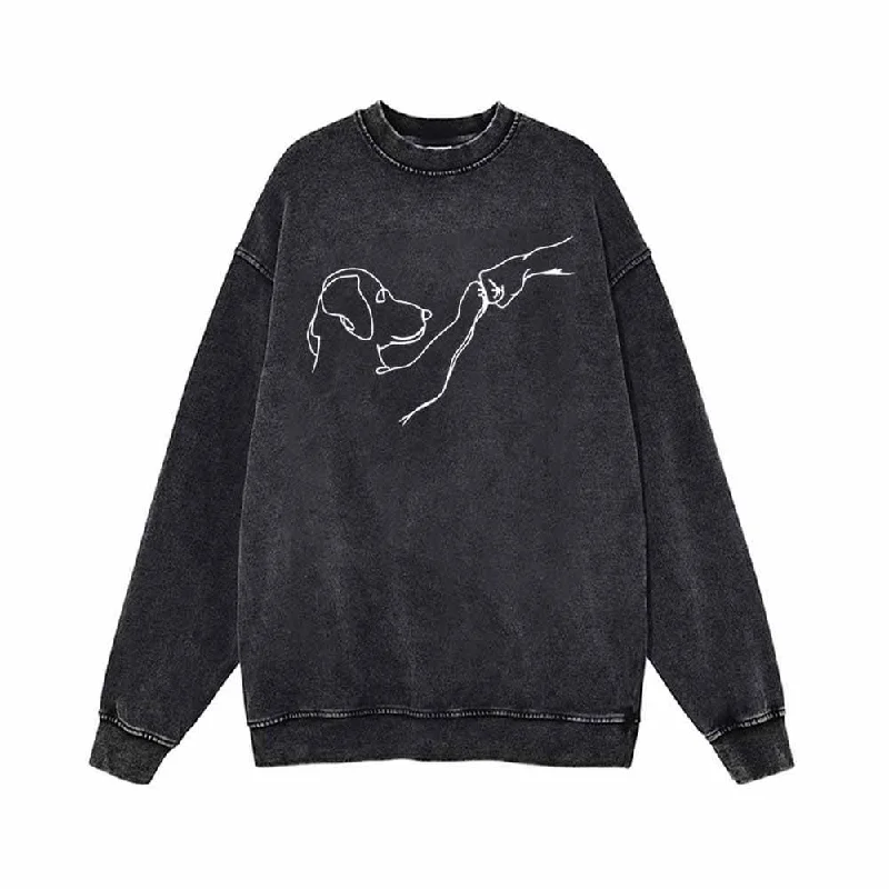 Dog And People Punch Hand Vintage Washed Sweatshirt Hoodie with Crew Neck Simple Timeless