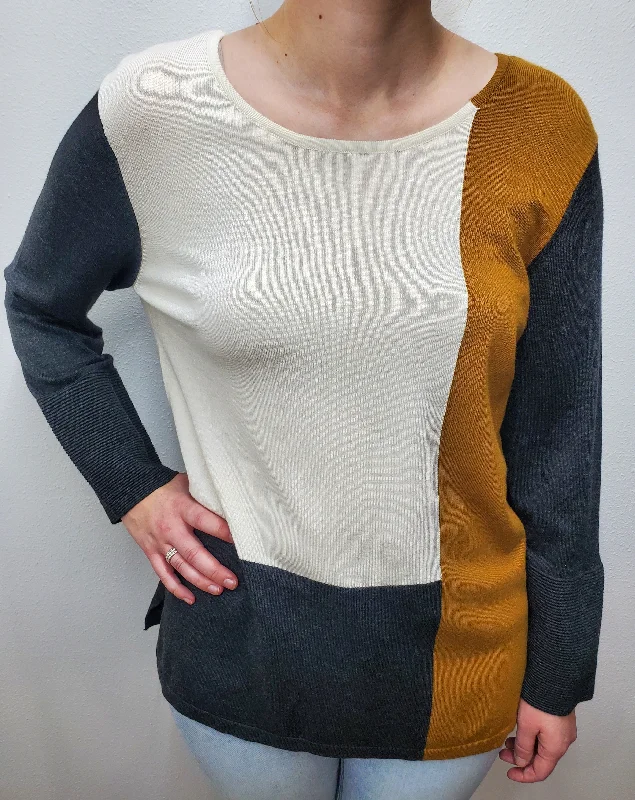 LIGHTWEIGHT COLORBLOCK SWEATER - IVORY/GREY/GOLD Beaded Sweater Sequined Faux Fur
