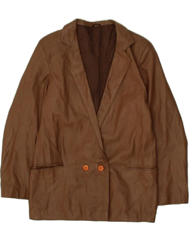 VINTAGE Womens Leather 2 Button Blazer Jacket IT 48 XL Brown Trench Coat Raincoat Waterproof Jacket