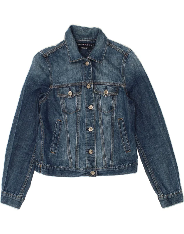 TOMMY HILFIGER Womens Crop Denim Jacket UK 12 Medium Blue Cotton Knit Jacket Woven Jacket Fleece Jacket