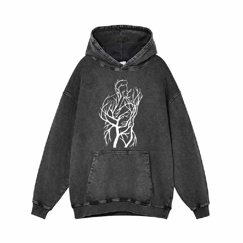 Withered Tree Vintage Washed Hoodie Sweatshirt Hoodie with Color Block Contrast Stylish