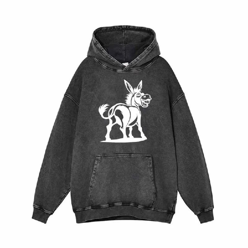 Funny Cartoon Donkey Pattern Vintage Washed Hoodie Hoodie with Hem Ribbing Snug Secure