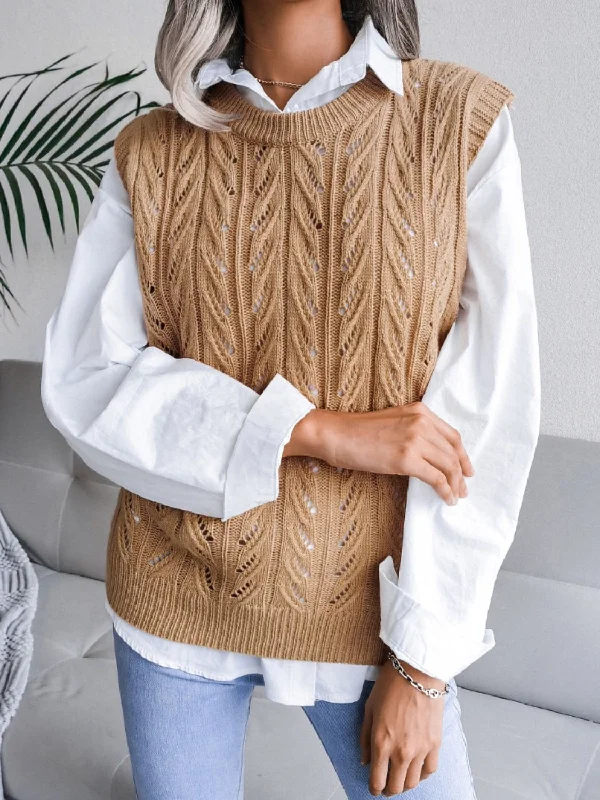Round Neck Openwork Capped Sleeve Sweater Vest Tailored Straight A-Line