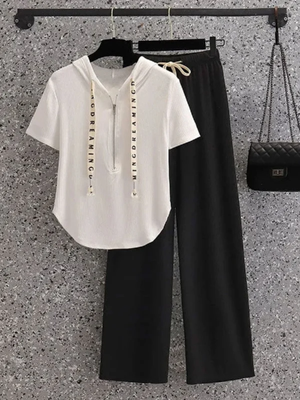2 Pcs Women's Short Sleeve Letter/Number Pants Set M 514237 Chic Slim Fit Pants
