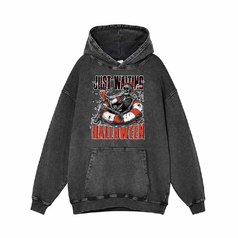 Just Waiting Halloween Vintage Washed Hoodie Sweatshirt Hoodie with Hem Ribbing Snug Secure
