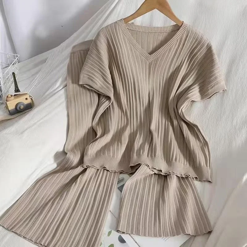2 Pcs Women's Short Sleeve Solid Color Pants Set 274819 Relaxed Lounge Trousers