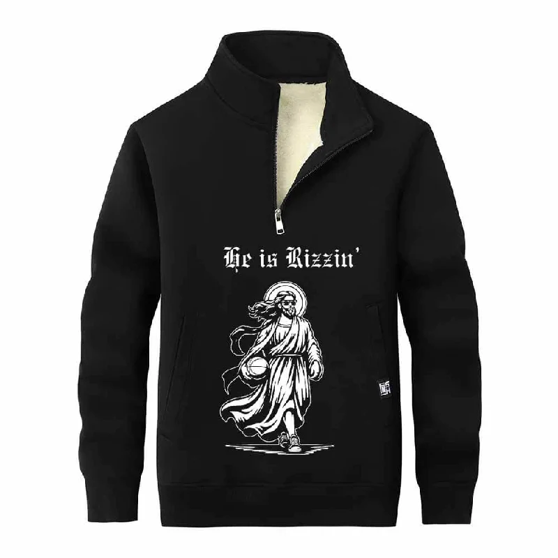 He Is Rizzin Jesus Holding Basketball Stand Collar Zip Fleece Sweatshirt Hoodie with Hem Embroidery Detailed Premium