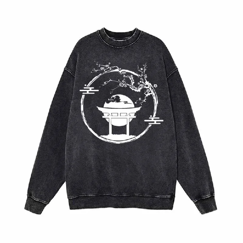 Plum Blossom Torii Full Moon Vintage Washed Sweatshirt Hoodie with Fur Luxurious Winter