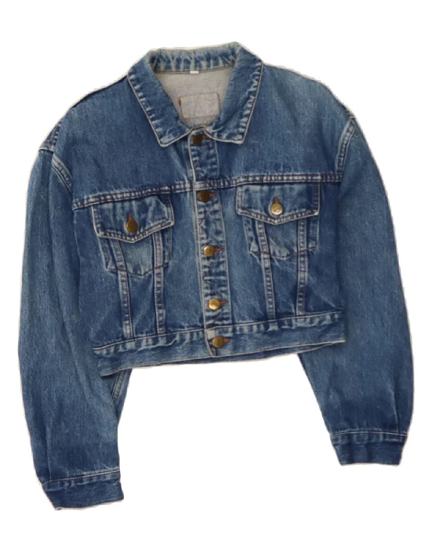 VINTAGE Womens 3/4 Sleeve Crop Denim Jacket IT 42 Medium Blue Cardigan Sweater Pullover
