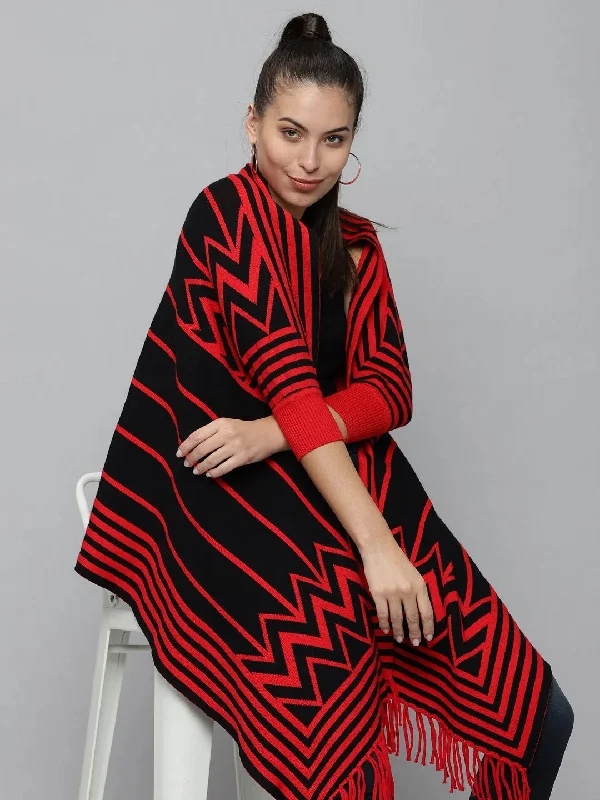 Women's Red Striped Poncho Sweater-BLR-1190-Red Denim Fabric Leather Fabric Suede Fabric